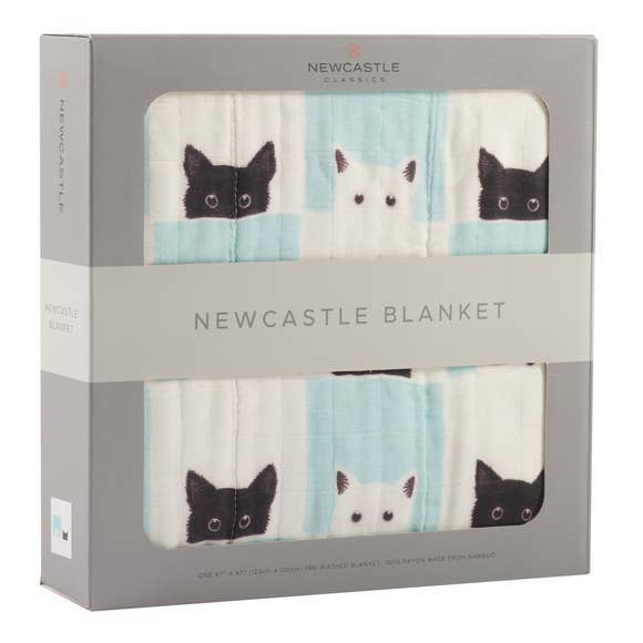 Folded baby blanket in box window, cream with black and white cat faces, light blue accents