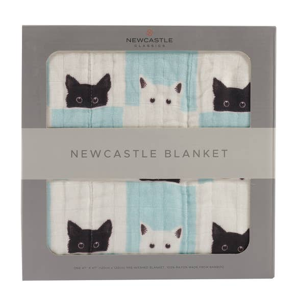 Folded baby blanket in box, cream with cat faces and light blue plaid panels