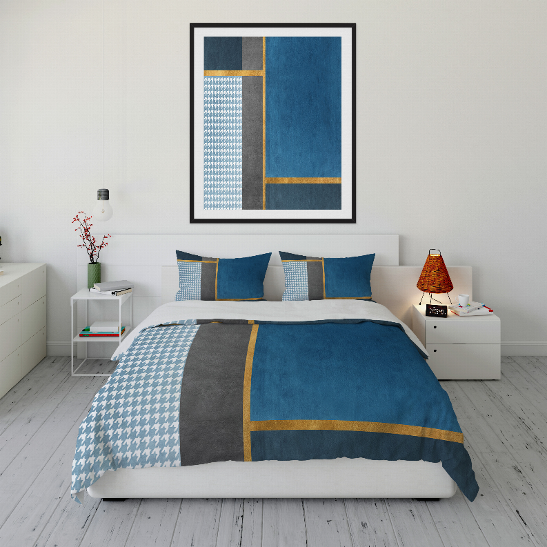 Blue and gray comforter set with houndstooth panel and yellow grid border