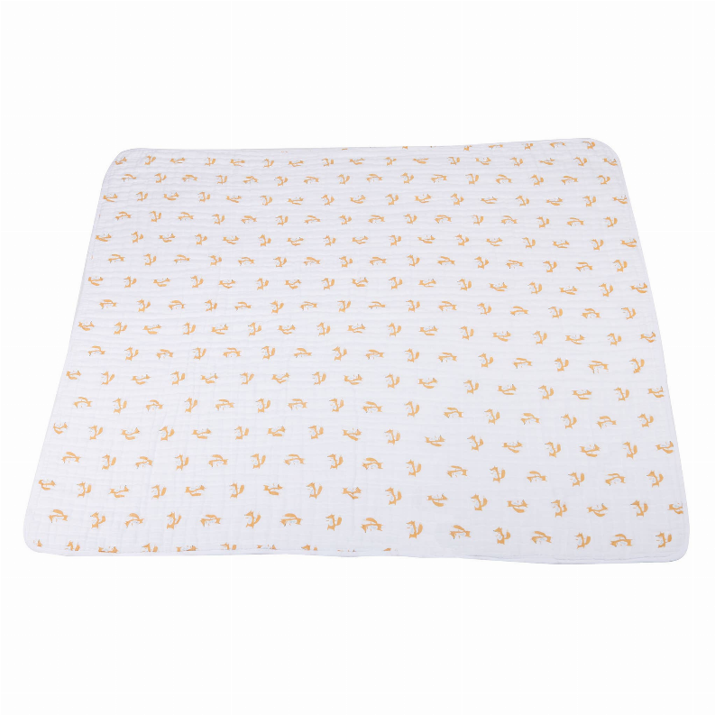 Baby blanket with repeating orange fox print on white, neatly folded with corner quilting