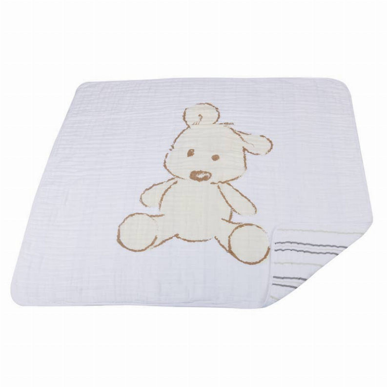Light gray baby blanket with teddy-bear embroidery and striped corner detail