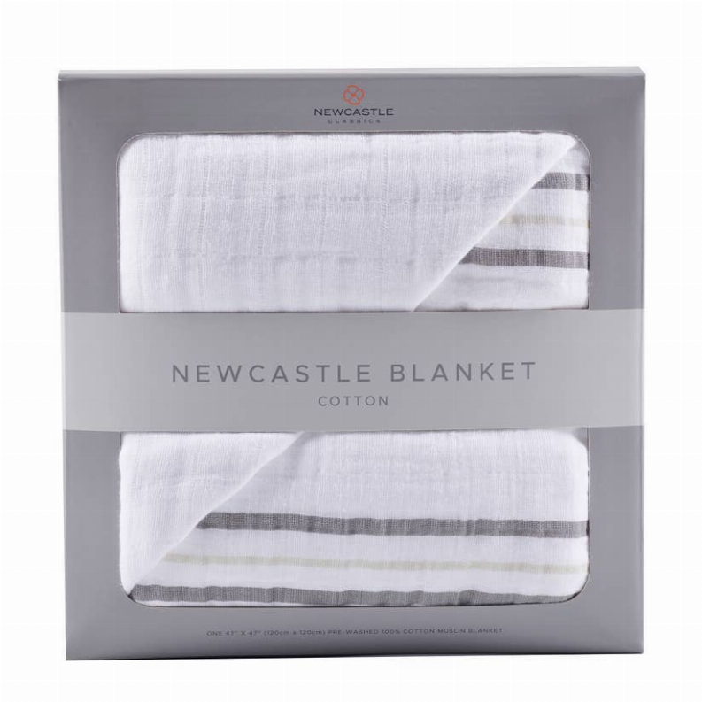 Cotton baby blanket in box, light gray with striped fabric layers