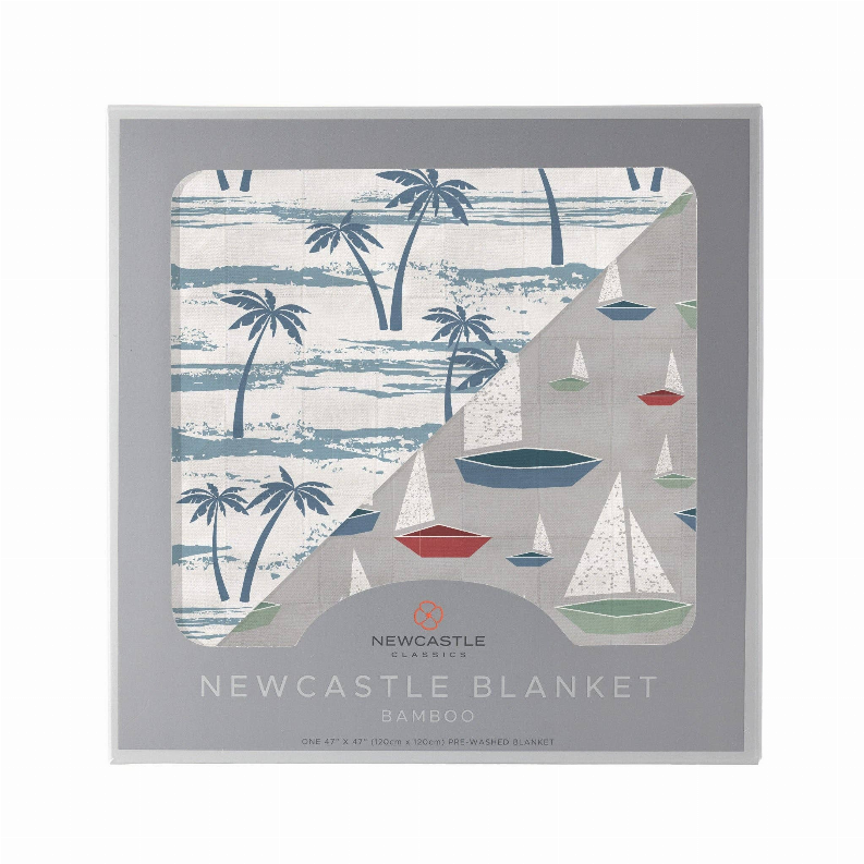 Bamboo blanket gift box showing palm and sailboat print with tent shapes