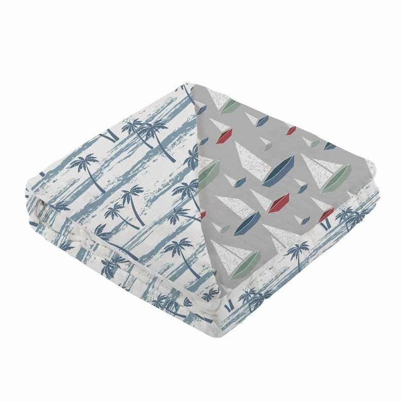 Bamboo blanket with palm trees and sailboat print, folded square