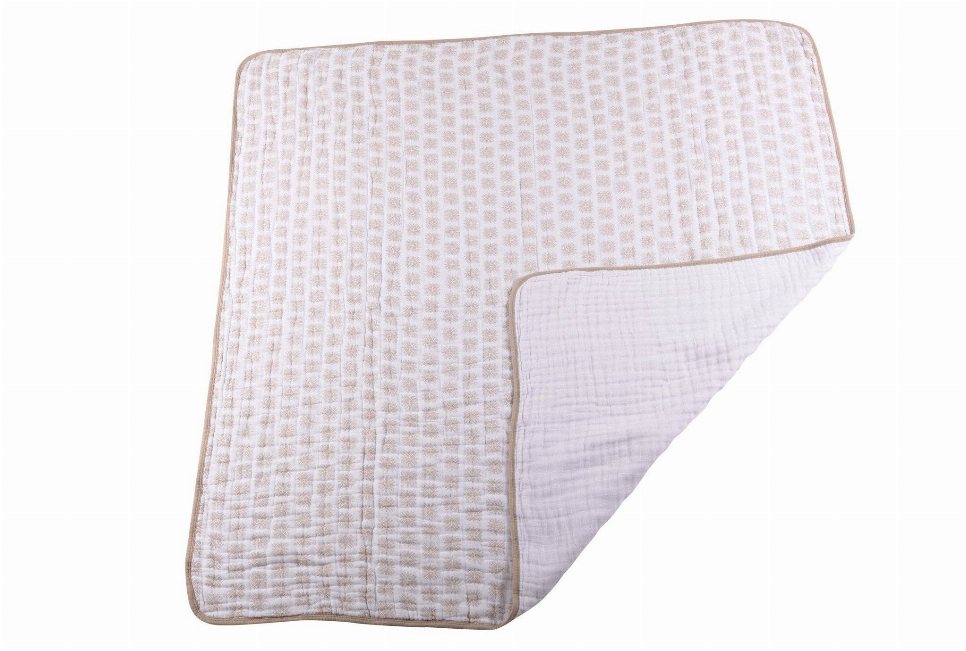 Folded throw blanket in light beige with subtle geometric pattern and stitched border