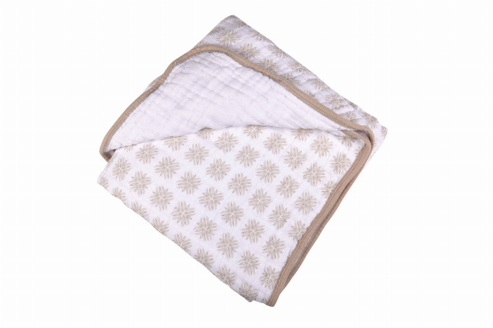 Square throw blanket with cream-and-gold leaf pattern and light solid reverse side