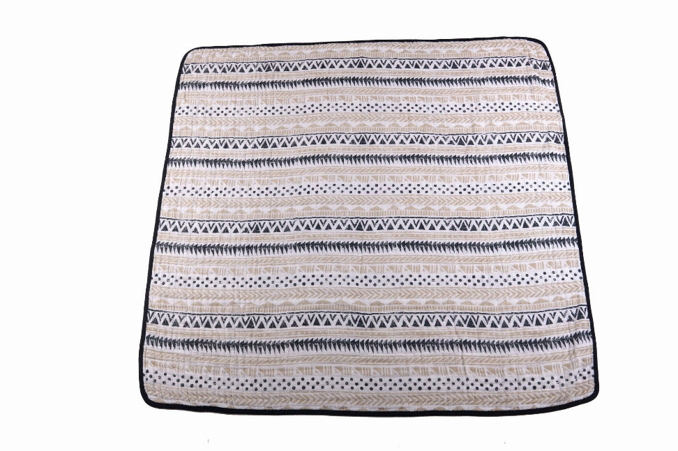 Cotton muslin blanket with navy and cream horizontal tribal stripes and border