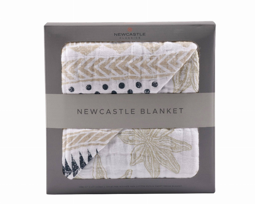 Cotton muslin blanket gift box showing folded fabric with botanical and dot accents