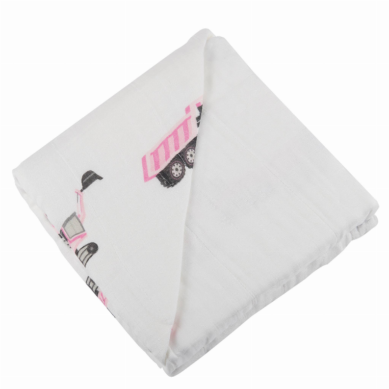 White bamboo blanket with pink digger and vehicle print, folded square