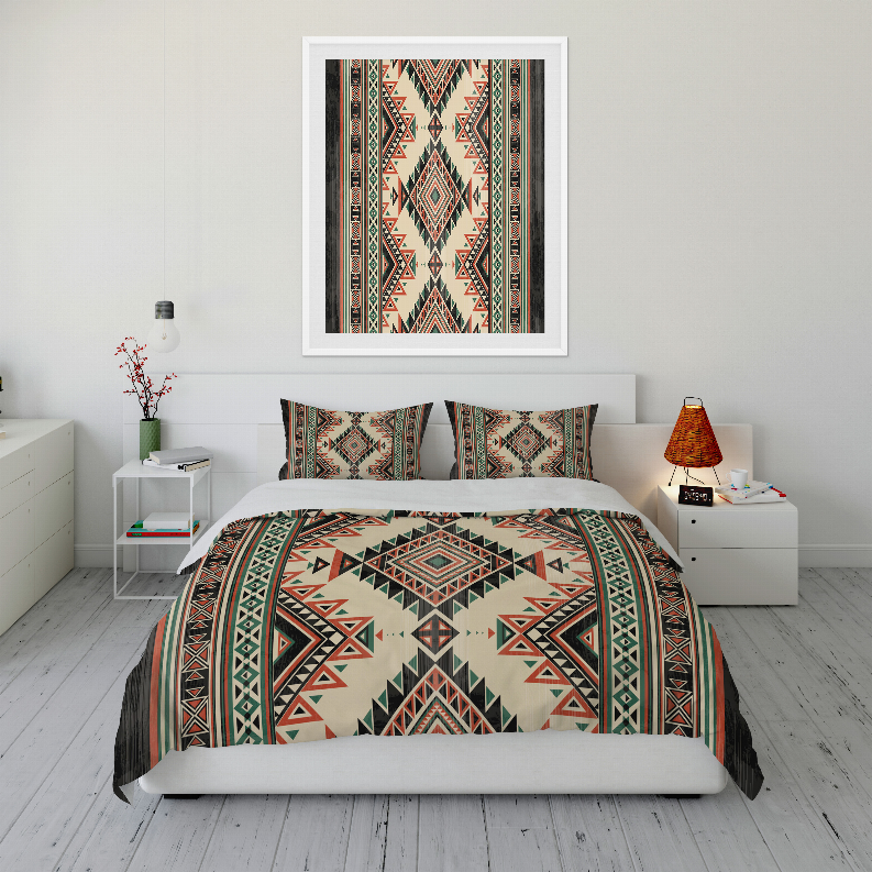 Multi-color geometric comforter set with two pillow shams and matching bed cover