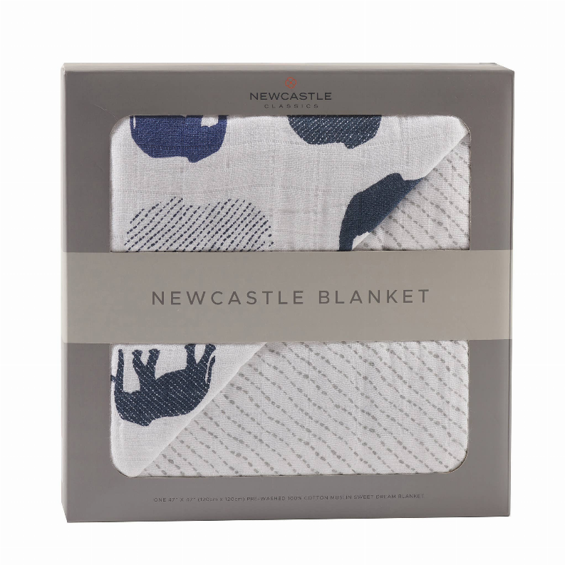 Newcastle blanket with navy elephant and abstract dot pattern on light base