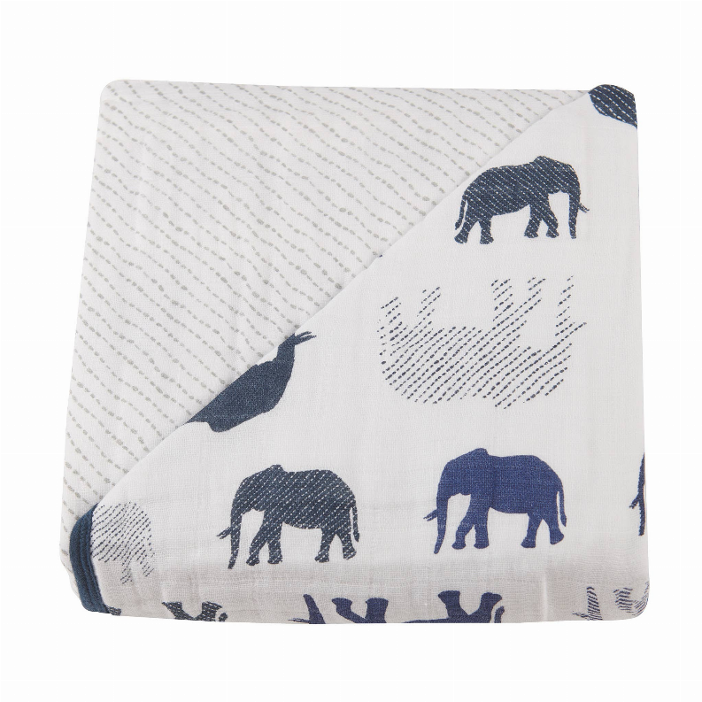 Light blanket corner with navy elephant motifs and dotted wave texture