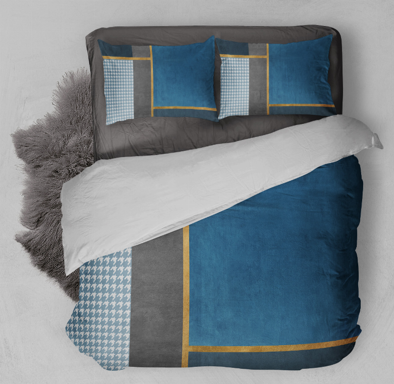Blue and gray comforter set with gold grid, houndstooth panels, two pillow shams