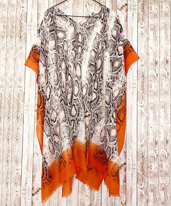 Snake print kimono, orange cuffs and orange lower hem with distressed finish