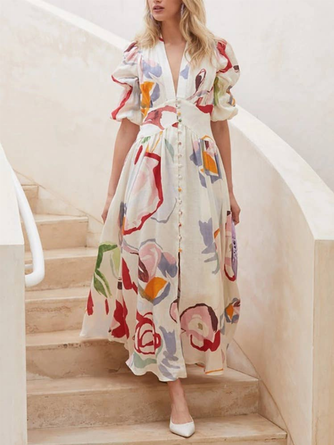 White midi dress with V-neck and colorful abstract floral print, buttoned bodice