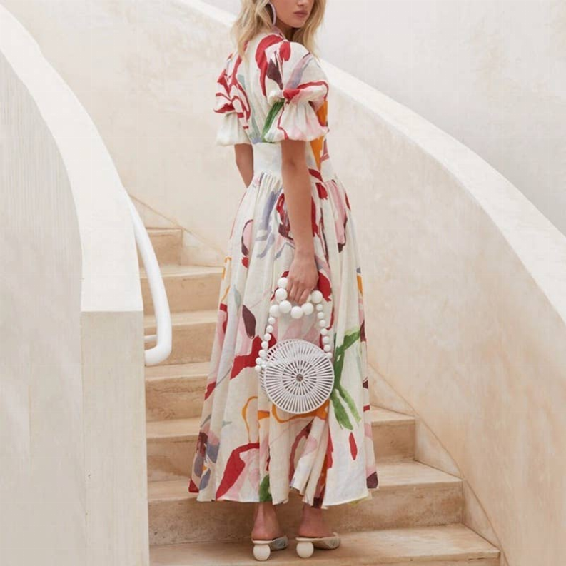 White printed midi dress with puff sleeves, V-neck, button front, and full skirt
