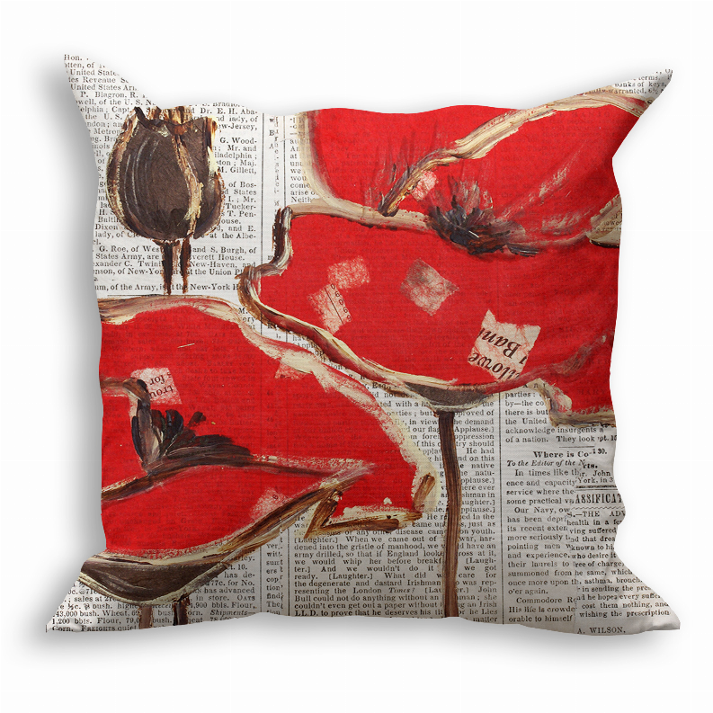 Red and white throw pillow with vintage collage print and book-text pattern