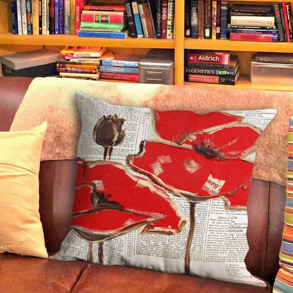 Multicolor vintage-style throw pillow with red floral paper collage and text background