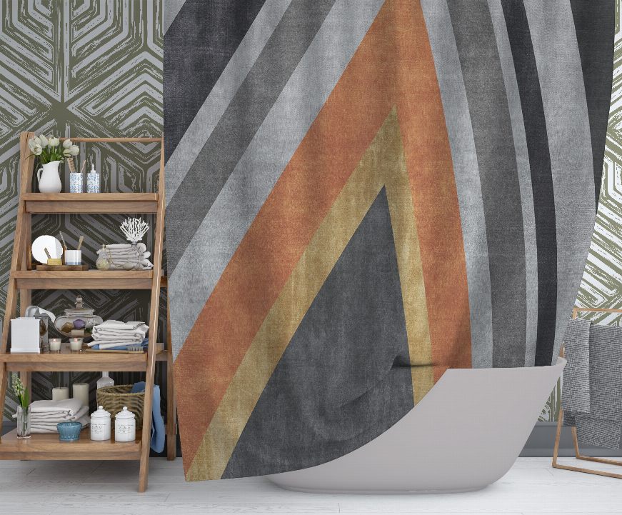 Multi-color striped shower curtain, arched apex design, top grommets
