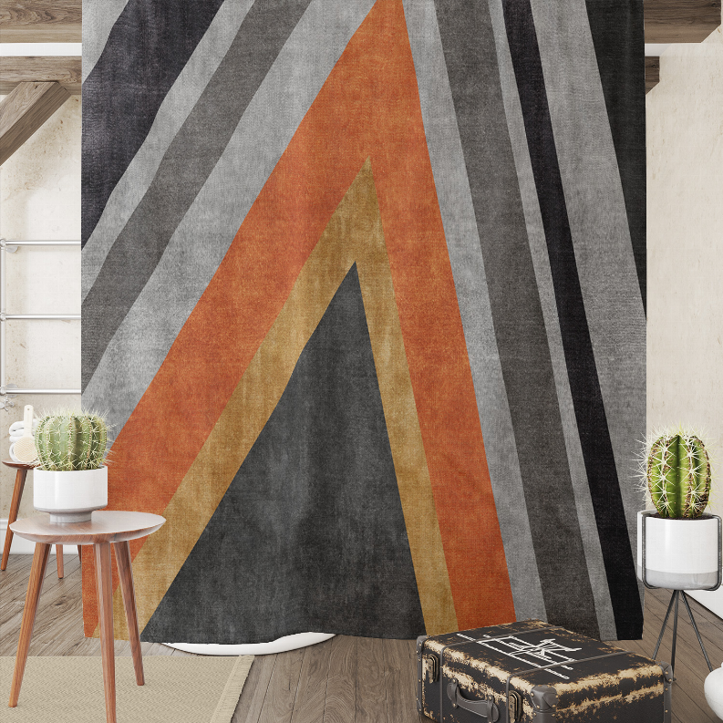 Striped shower curtain with diagonal multicolor rays and bottom hem
