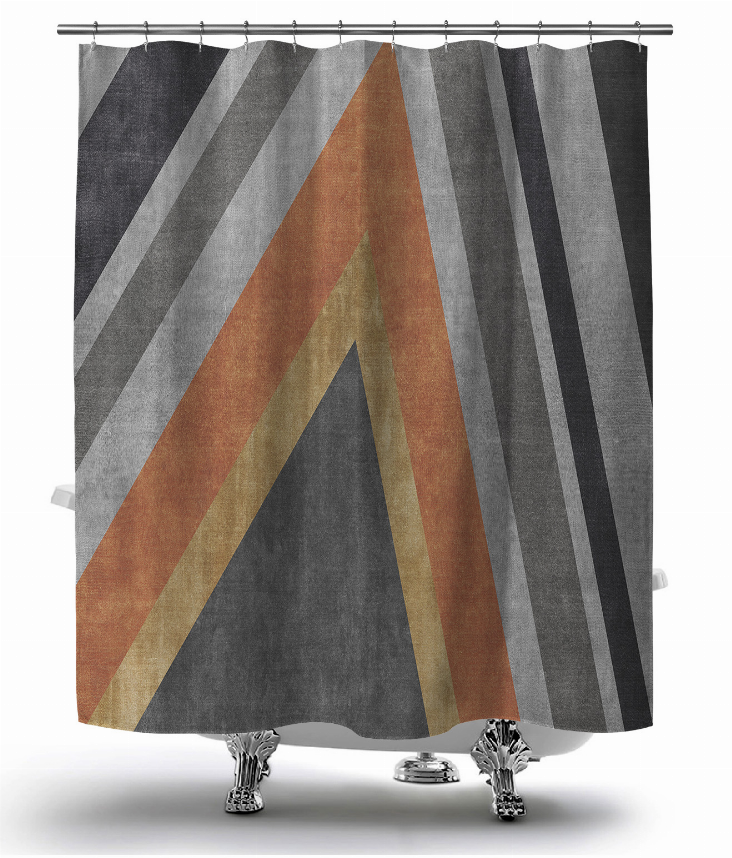 Striped shower curtain with multicolor diagonal rays and hanging rod