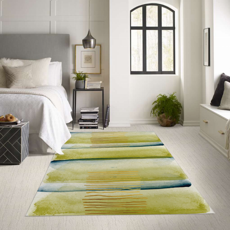 Low pile area rug, rectangular, with abstract green and blue panels and gold lines