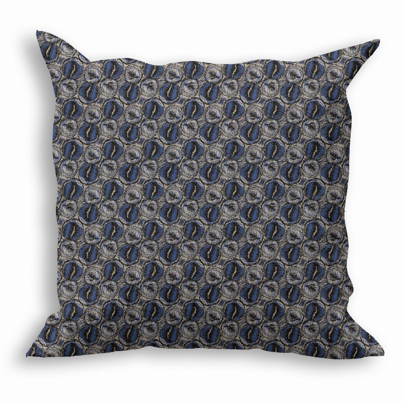 Blue throw pillow with repeating circular pattern and square shape