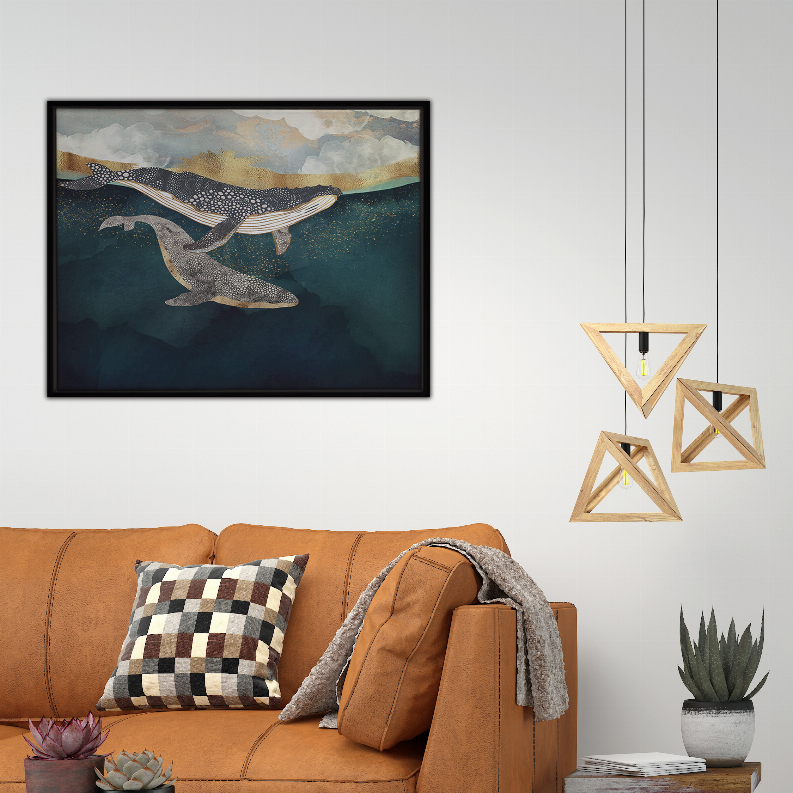 Horizontal framed whale art print showing ocean waves and cloudy sky.