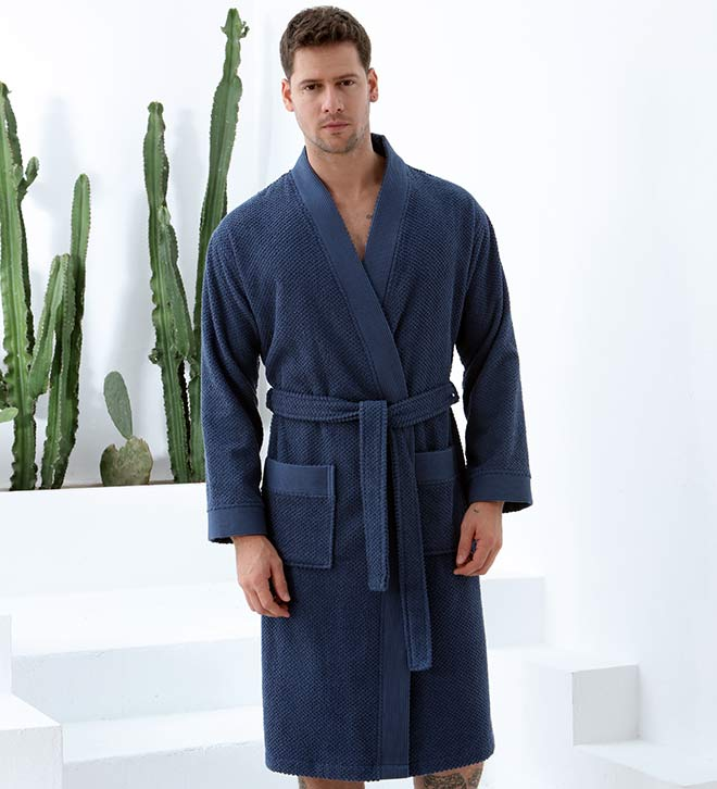 Navy men's bathrobe with kimono sleeves, belt tie and rectangular front pockets