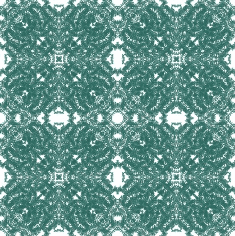 Teal wallpaper close-up with repeating white lace motif pattern