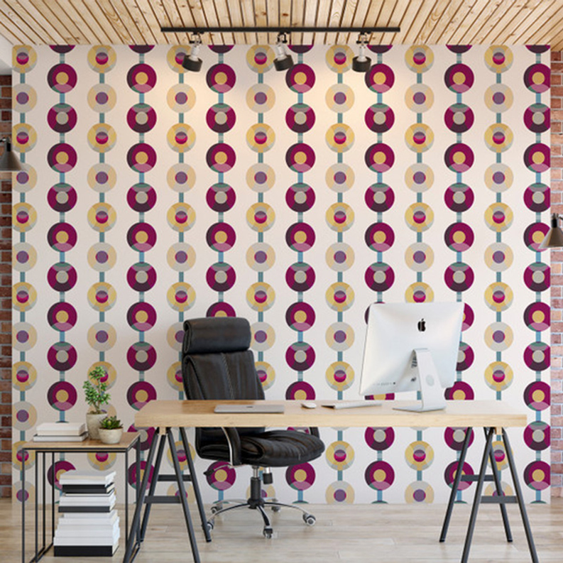 Turntable designer wallpaper with repeating multicolor circular geometric pattern on wall