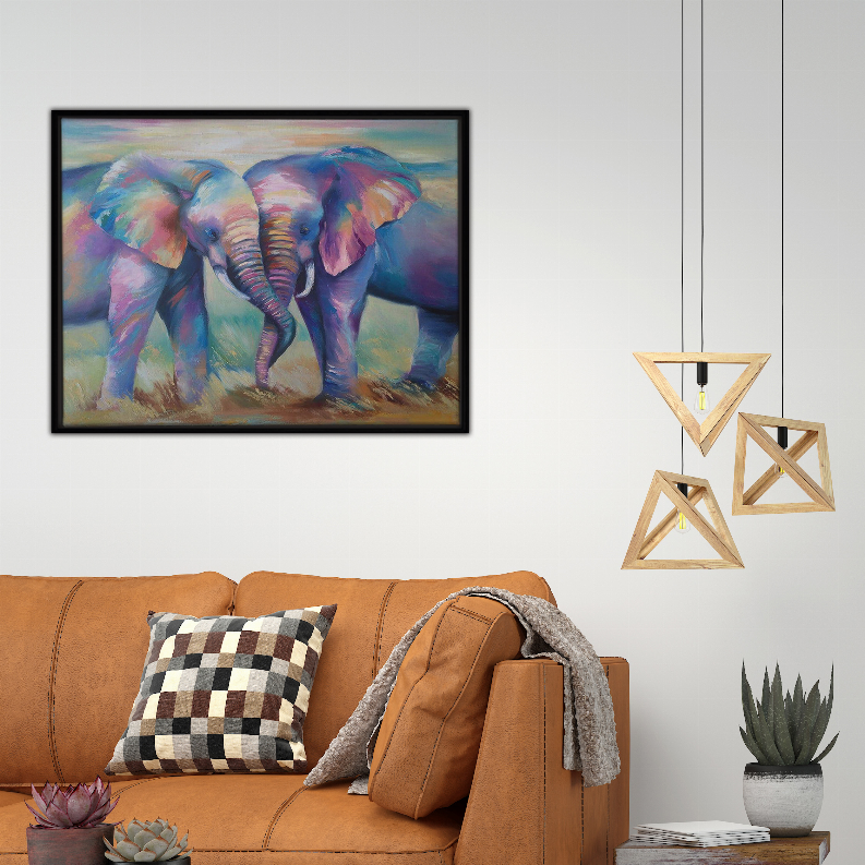 Framed multicolor elephant artwork print on wall above sofa