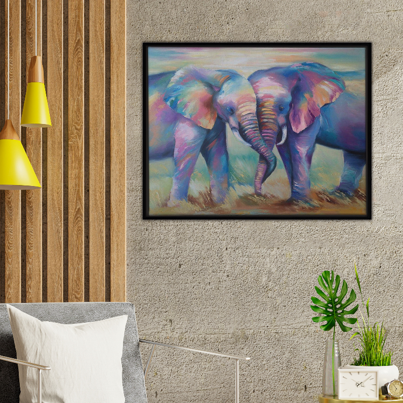 Framed multicolor elephant art print on textured wall, close-up