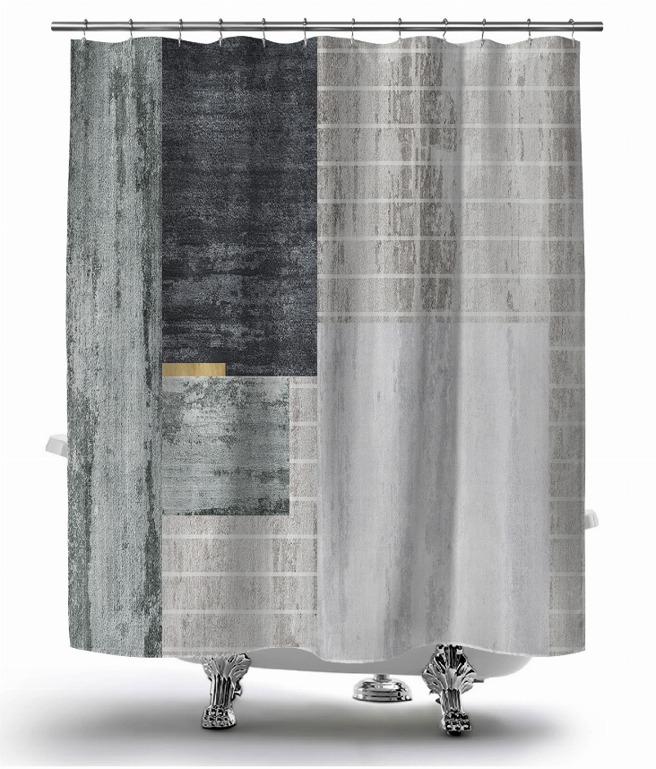 Shower curtain with multi-panel design and metal grommets; dark teal, charcoal, and light grid