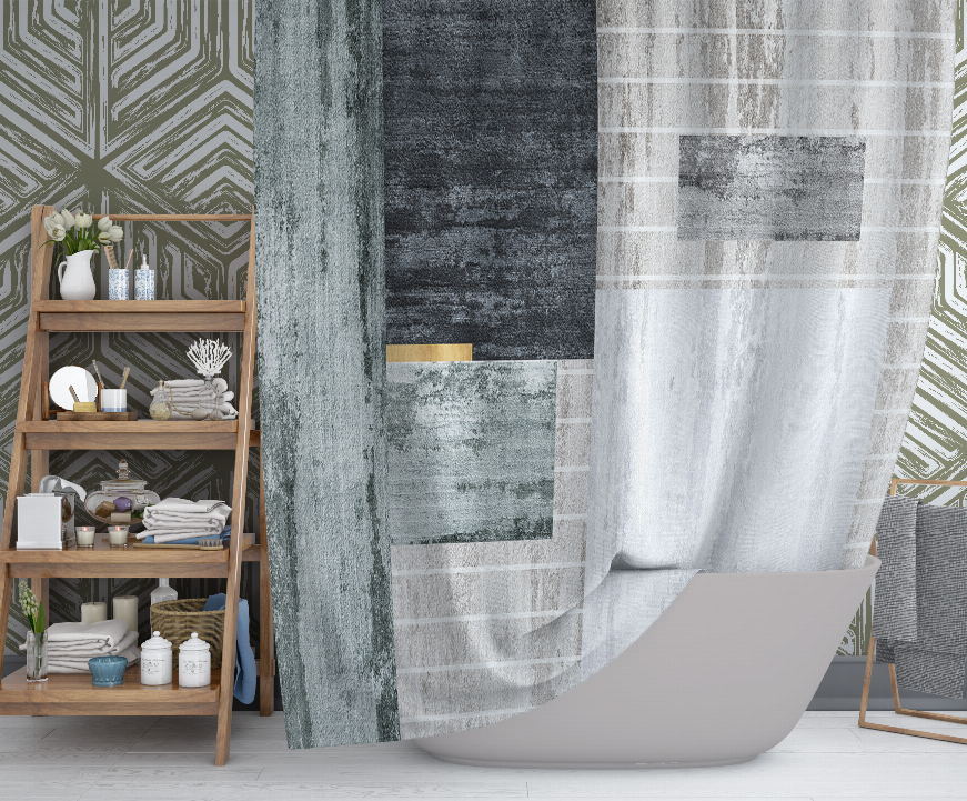 Shower curtain with textured vertical panels, teal and dark gray blocks, light gray grid