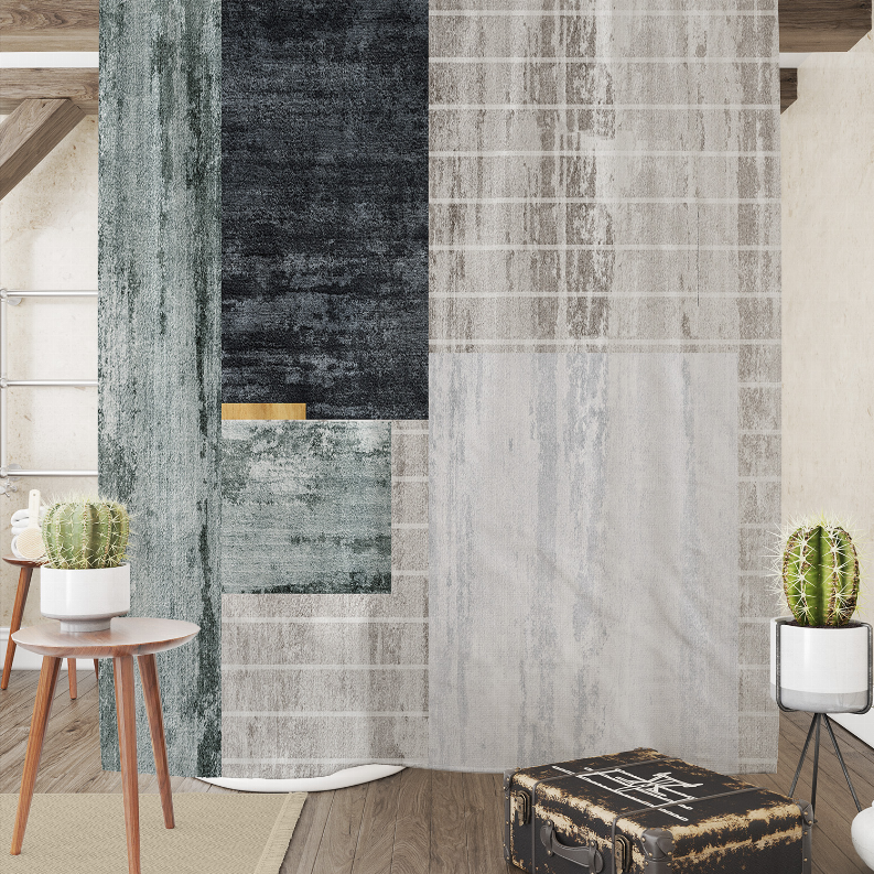 Shower curtain with vertical textured panels in dark gray, teal-gray, and light gray grid