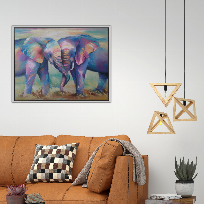 Multicolor elephant art print in a dark frame, landscape