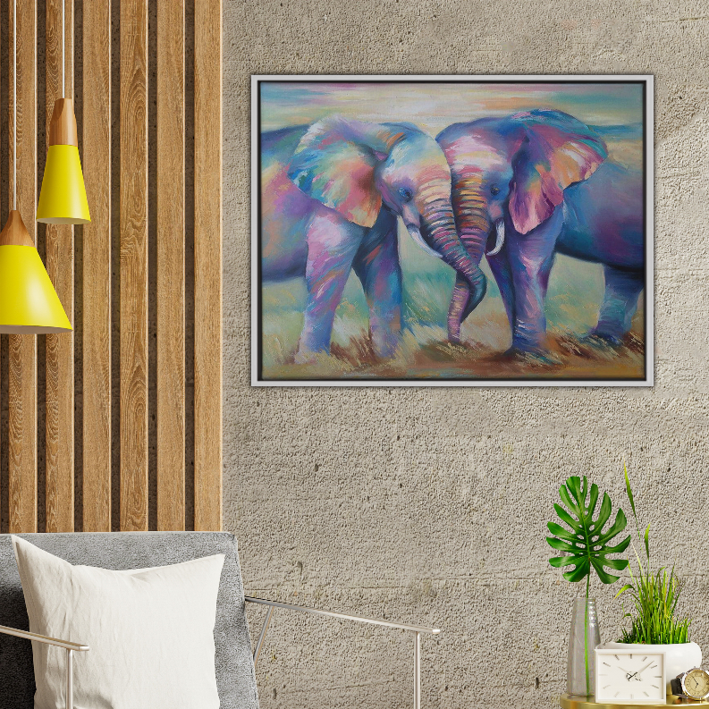 Multicolor elephant art print with dark border frame, landscape