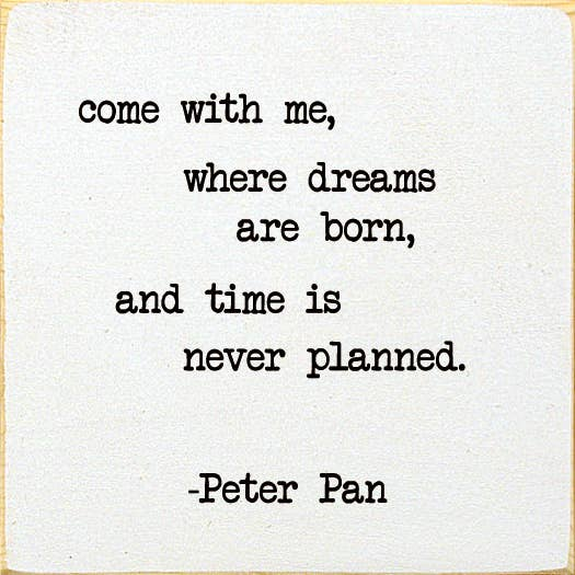 Square old cottage white quote coaster with Peter Pan lettering and lines of text
