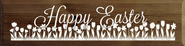 Happy Easter wooden sign with bunny and chick silhouettes along the bottom edge