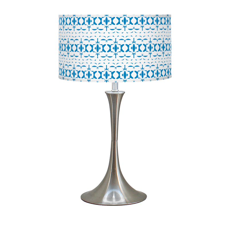 Blue patterned drum table lamp shade with tall brushed metal base