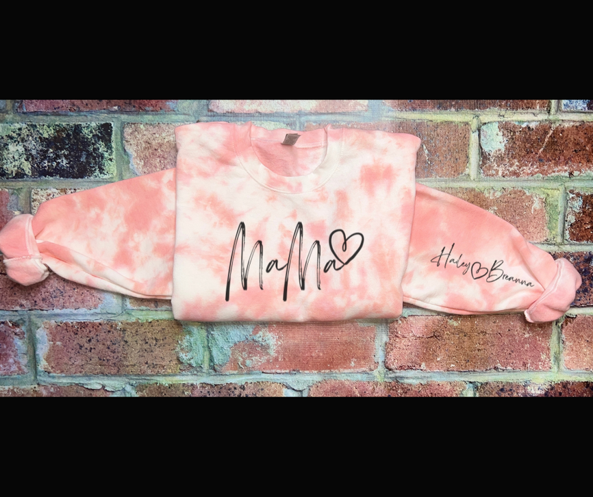 Coral tie-dye crewneck sweatshirt with long sleeves and front script graphic