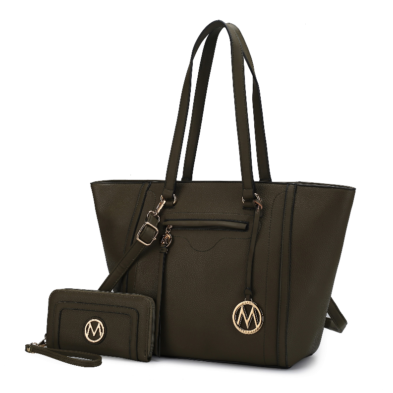 Vegan leather tote bag with detachable wallet, dark green, front zip pocket and top handles