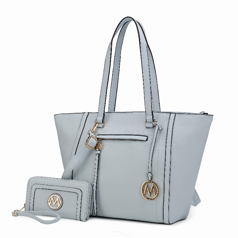 Light gray vegan leather tote bag with front flap pocket and matching wrist wallet
