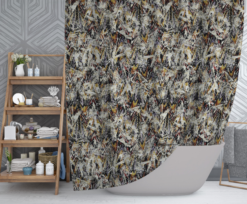Blankets2U shower curtain with multicolor abstract pattern, hanging full view