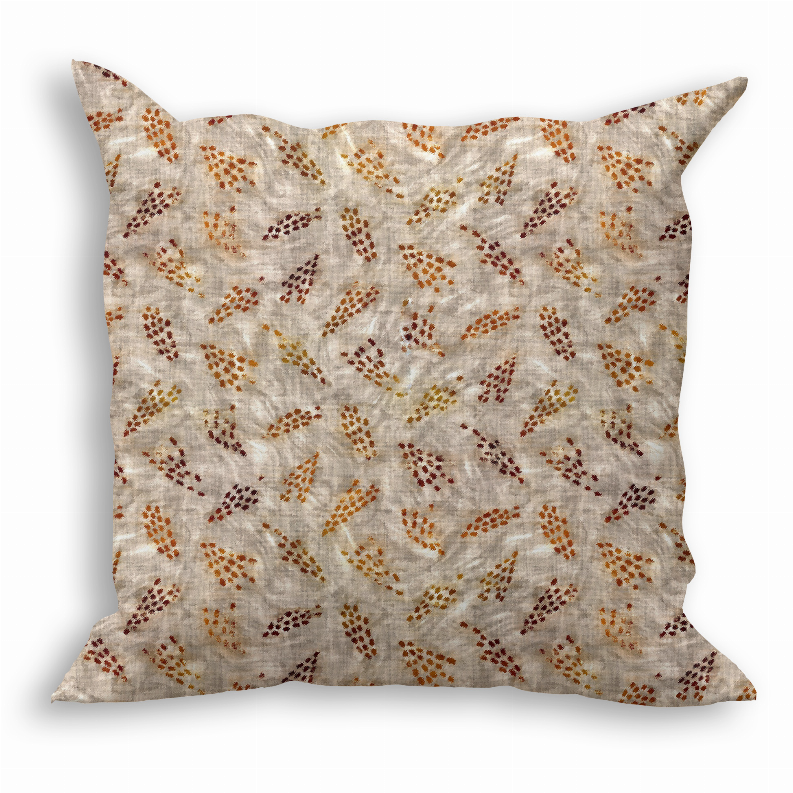 Square decorative pillow, off-white linen-look with orange and brown repeating pattern