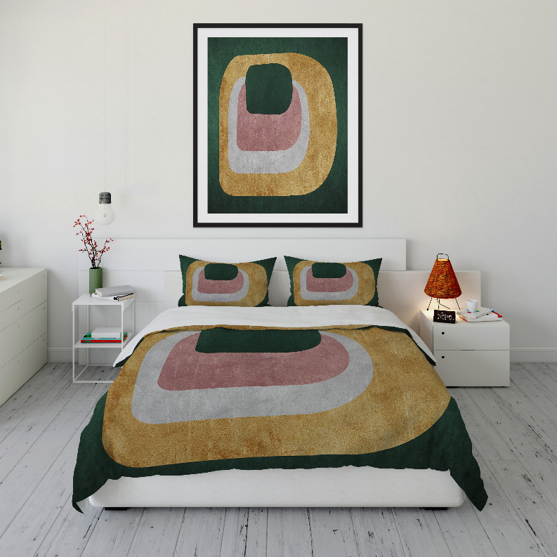 Multi-color comforter set featuring bold rounded squares on green, tan, and pink fabric