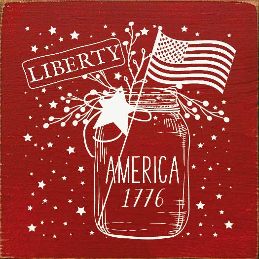 Red mason jar with white America 1776 Liberty patriotic design
