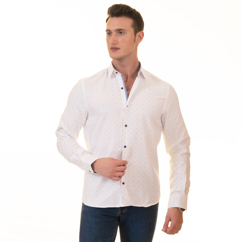 Men's white button-up shirt with small blue dot pattern, long sleeves, dark buttons
