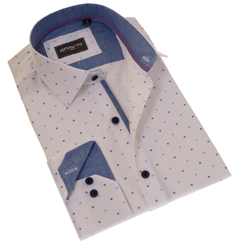 Men's white button-up dress shirt with small blue dot pattern and dark buttons